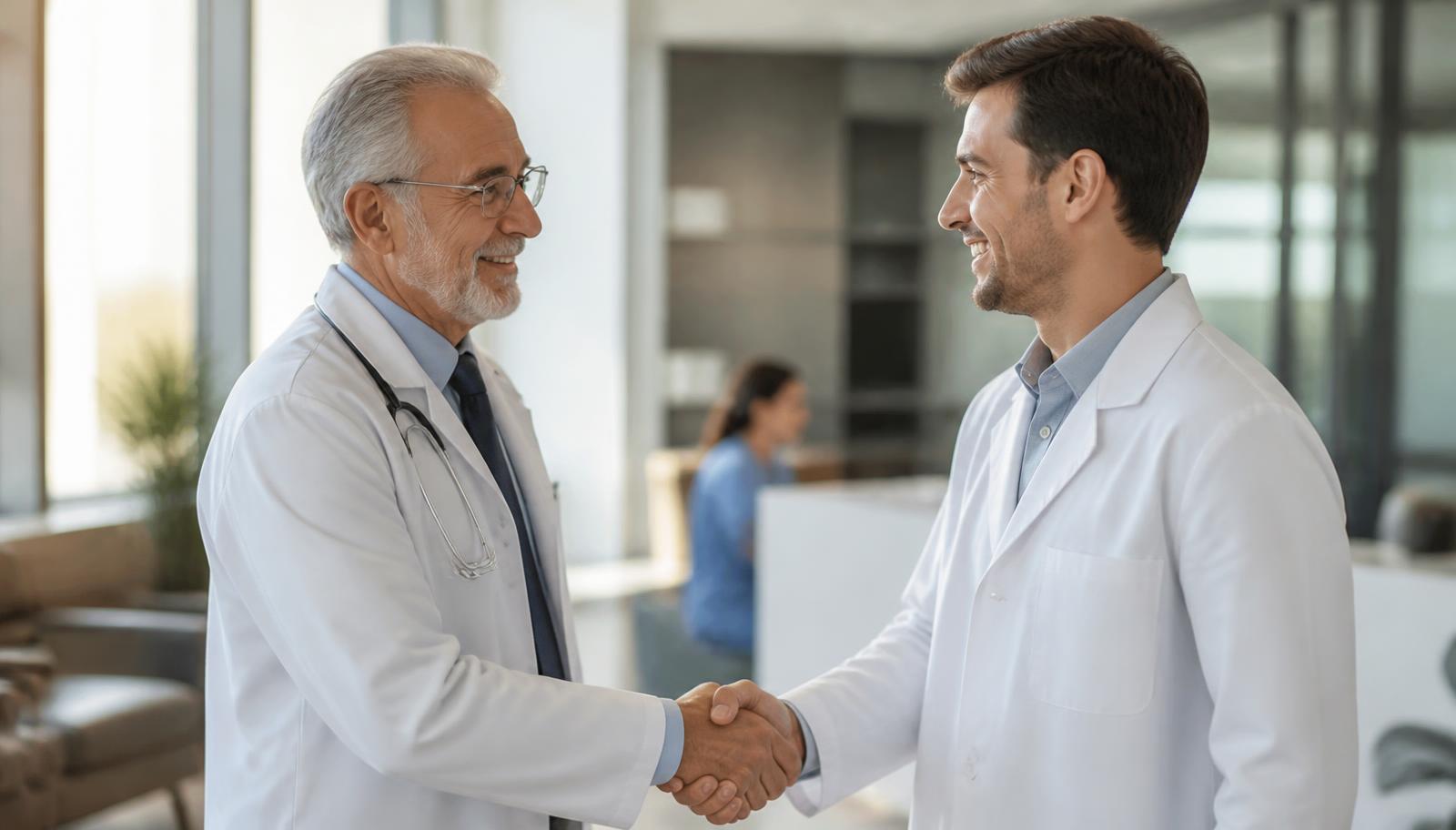 Senior physician shaking hands with a younger doctor inside a modern medical practice during a succession transition